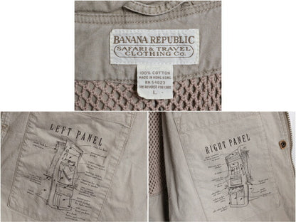 80s バナナリパブリック サファリ ベスト メンズ L 古着 ヴィンテージ Safari&Travel アウトドア ハンティング フィッシング 重ね着 前開き