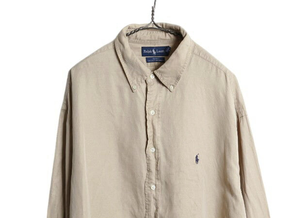 00s ポロ ラルフローレン 長袖 ボタンダウン シャツ メンズ XXL / オールド 長袖シャツ シルク リネン ワンポイント シンプル 大きいサイズ