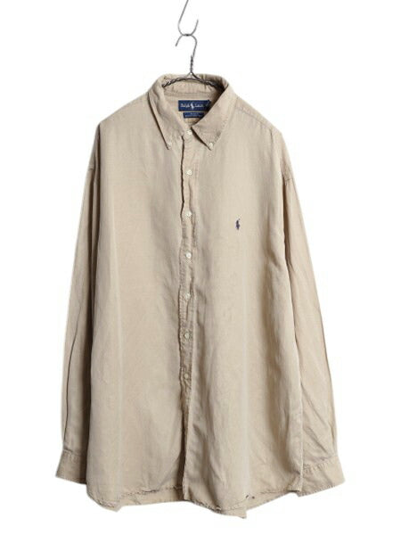 00s ポロ ラルフローレン 長袖 ボタンダウン シャツ メンズ XXL / オールド 長袖シャツ シルク リネン ワンポイント シンプル 大きいサイズ