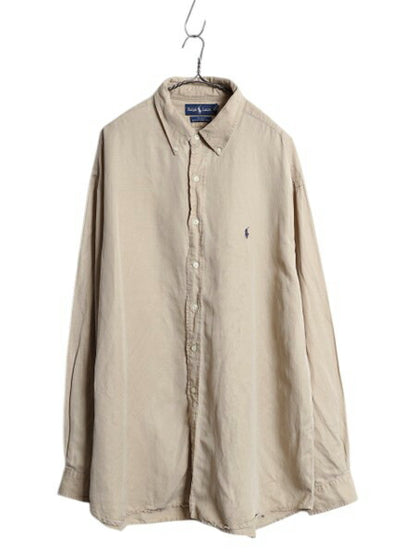 00s ポロ ラルフローレン 長袖 ボタンダウン シャツ メンズ XXL / オールド 長袖シャツ シルク リネン ワンポイント シンプル 大きいサイズ