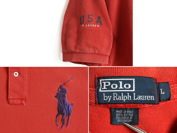 ビッグポニー ■ POLO ポロ ラルフローレン 鹿の子 半袖 ポロシャツ ( メンズ L ) 古着 半袖シャツ カノコ 赤 レッド ポニー刺繍 コットン
