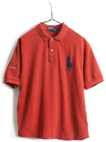 ビッグポニー ■ POLO ポロ ラルフローレン 鹿の子 半袖 ポロシャツ ( メンズ L ) 古着 半袖シャツ カノコ 赤 レッド ポニー刺繍 コットン