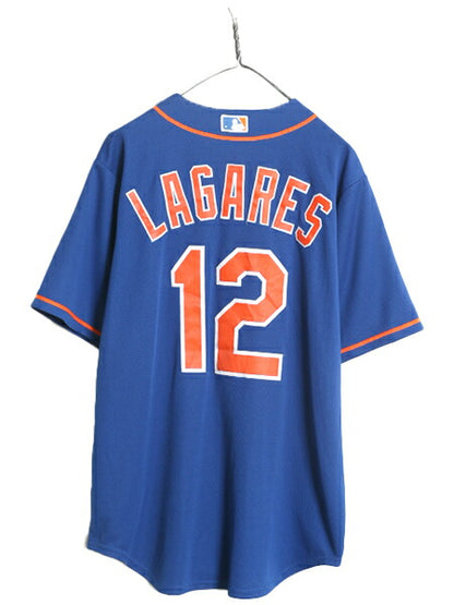 USA製 MLB オフィシャル Majestic メッツ ベースボール シャツ メンズ L 古着 ユニフォーム ゲームシャツ メジャーリーグ 半袖シャツ 野球