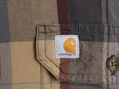 US企画 カーハート チェック ボタンダウン シャンブレー シャツ メンズ L 古着 Carhartt ワーク コットン BD 長袖シャツ ワンポイント 廃盤