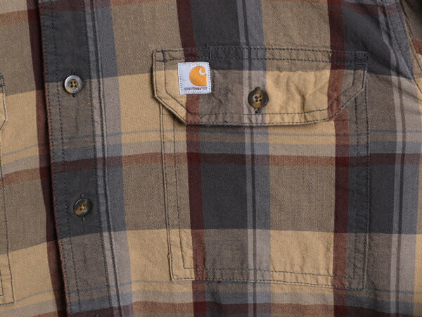 US企画 カーハート チェック ボタンダウン シャンブレー シャツ メンズ L 古着 Carhartt ワーク コットン BD 長袖シャツ ワンポイント 廃盤