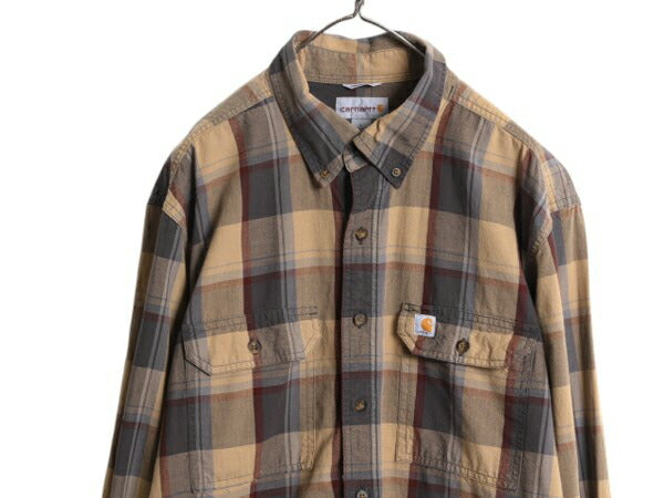 US企画 カーハート チェック ボタンダウン シャンブレー シャツ メンズ L 古着 Carhartt ワーク コットン BD 長袖シャツ ワンポイント 廃盤