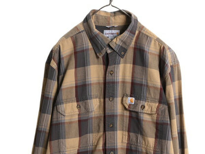 US企画 カーハート チェック ボタンダウン シャンブレー シャツ メンズ L 古着 Carhartt ワーク コットン BD 長袖シャツ ワンポイント 廃盤