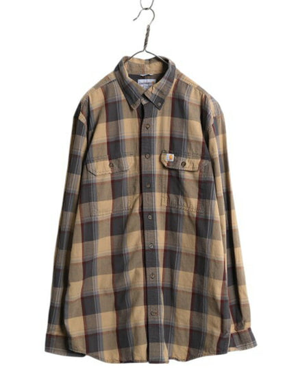 US企画 カーハート チェック ボタンダウン シャンブレー シャツ メンズ L 古着 Carhartt ワーク コットン BD 長袖シャツ ワンポイント 廃盤