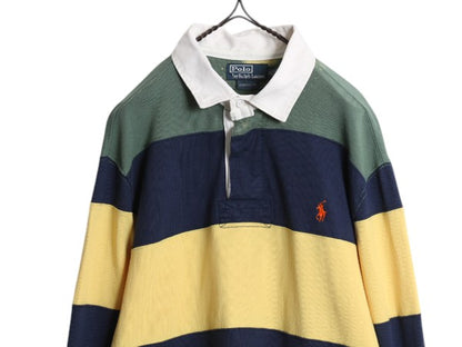 90s ポロ ラルフローレン ボーダー ラガーシャツ メンズ XL 古着 オールド ラグビー 長袖シャツ ヘビーウェイト ワンポイント 大きいサイズ