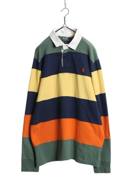 90s ポロ ラルフローレン ボーダー ラガーシャツ メンズ XL 古着 オールド ラグビー 長袖シャツ ヘビーウェイト ワンポイント 大きいサイズ