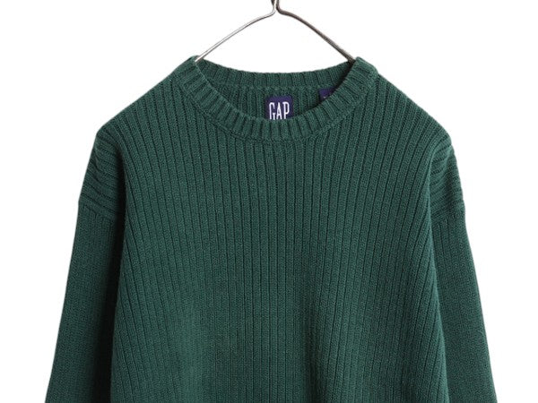 90s オールド ギャップ コットン ニット セーター レディース S 紺タグ 無地 チャンキー クルーネック リブ編み ミドルゲージ 針抜き 3D 緑