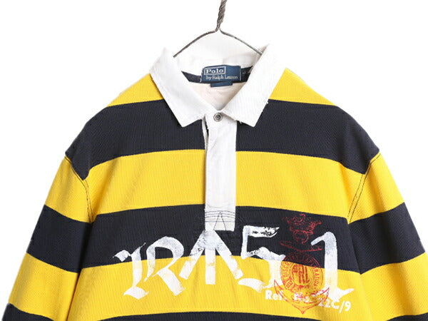 ヴィンテージ加工 90s ポロ ラルフローレン ボーダー ハーフジップ 長袖 ラガーシャツ メンズ L 古着 90年代 オールド 長袖シャツ ラグビー
