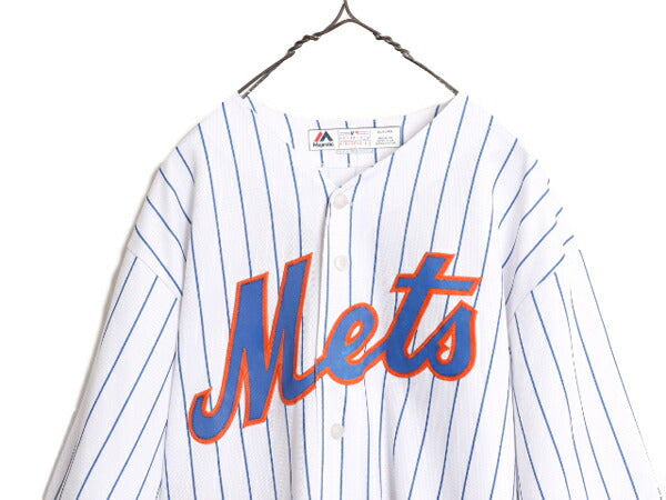 USA製 MLB オフィシャル Majestic メッツ ベースボール シャツ メンズ XL 古着 ユニフォーム ゲームシャツ メジャーリーグ ストライプ 野球