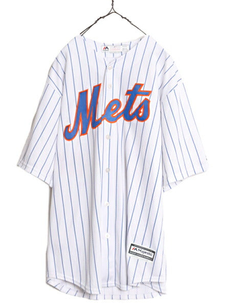 USA製 MLB オフィシャル Majestic メッツ ベースボール シャツ メンズ XL 古着 ユニフォーム ゲームシャツ メジャーリーグ ストライプ 野球