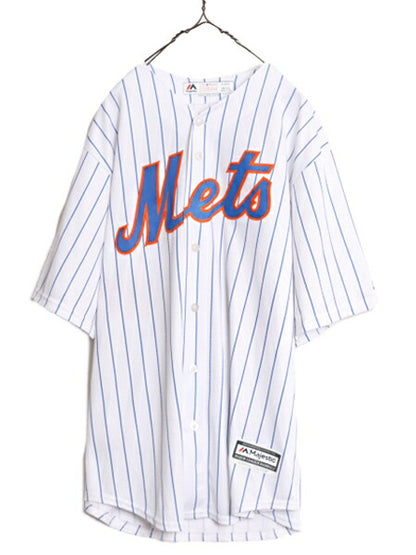 USA製 MLB オフィシャル Majestic メッツ ベースボール シャツ メンズ XL 古着 ユニフォーム ゲームシャツ メジャーリーグ ストライプ 野球