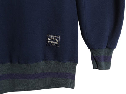 90s USA製 ラッセル 無地 スウェット メンズ XXL / 古着 オールド ブランク トレーナー 前V モックネック 裏起毛 大きいサイズ 紺 シンプル