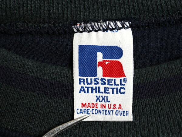 90s USA製 ラッセル 無地 スウェット メンズ XXL / 古着 オールド ブランク トレーナー 前V モックネック 裏起毛 大きいサイズ 紺 シンプル