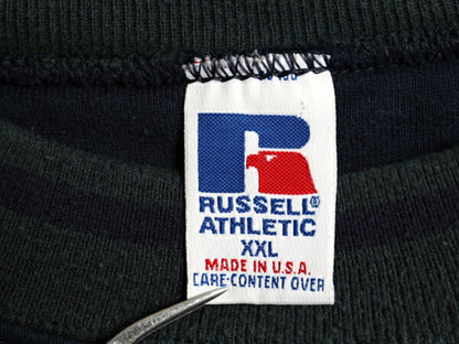 90s USA製 ラッセル 無地 スウェット メンズ XXL / 古着 オールド ブランク トレーナー 前V モックネック 裏起毛 大きいサイズ 紺 シンプル
