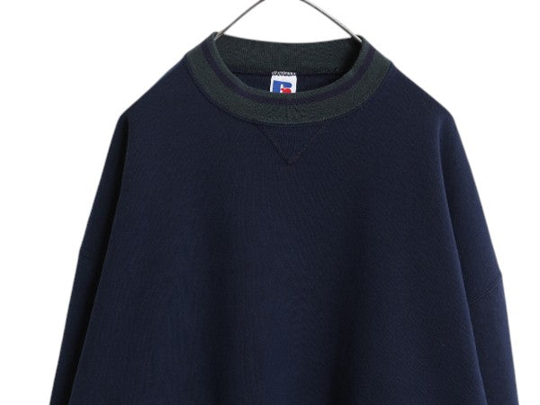 90s USA製 ラッセル 無地 スウェット メンズ XXL / 古着 オールド ブランク トレーナー 前V モックネック 裏起毛 大きいサイズ 紺 シンプル