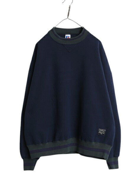 90s USA製 ラッセル 無地 スウェット メンズ XXL / 古着 オールド ブランク トレーナー 前V モックネック 裏起毛 大きいサイズ 紺 シンプル