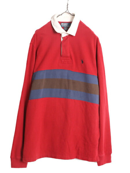 90s ポロ ラルフローレン スウェット ラガーシャツ メンズ M 古着 90年代 オールド 長袖シャツ ラグビー ワンポイント 胸 ボーダー 裏起毛