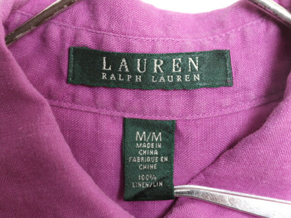 00s LAUREN ラルフローレン 100% リネン 長袖 シャツ レディース M 00年代 オールド ポロ 長袖シャツ ブラウス 無地 高級 ポケット付き 麻