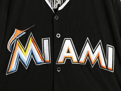 MLB オフィシャル マジェスティック マーリンズ ベースボール シャツ メンズ XL ゲームシャツ ユニフォーム ジャージ 半袖シャツ 大リーグ