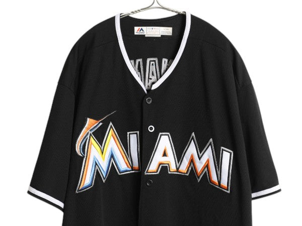 MLB オフィシャル マジェスティック マーリンズ ベースボール シャツ メンズ XL ゲームシャツ ユニフォーム ジャージ 半袖シャツ 大リーグ