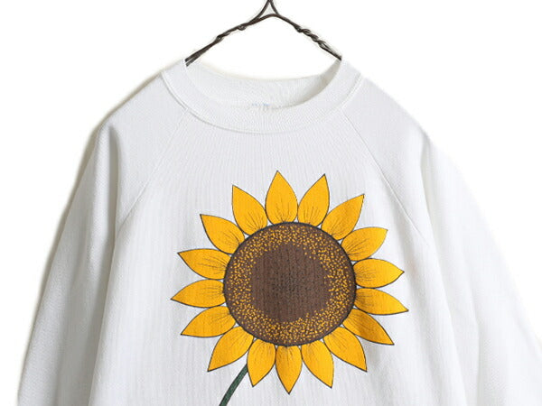 90s USA製 オールド ■ ヒマワリ アート 大判 プリント スウェット トレーナー ( XL メンズ レディース L 程) 90年代 イラスト フラワー 白