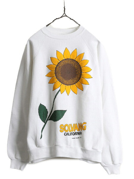 90s USA製 オールド ■ ヒマワリ アート 大判 プリント スウェット トレーナー ( XL メンズ レディース L 程) 90年代 イラスト フラワー 白