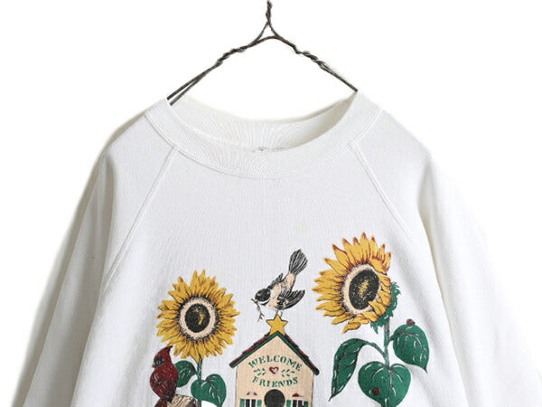 90s 大きいサイズ 4X ■ ヒマワリ アート プリント スウェット トレーナー メンズ レディース XL 程/ 90年代 裏起毛 アニマル フラワー 白