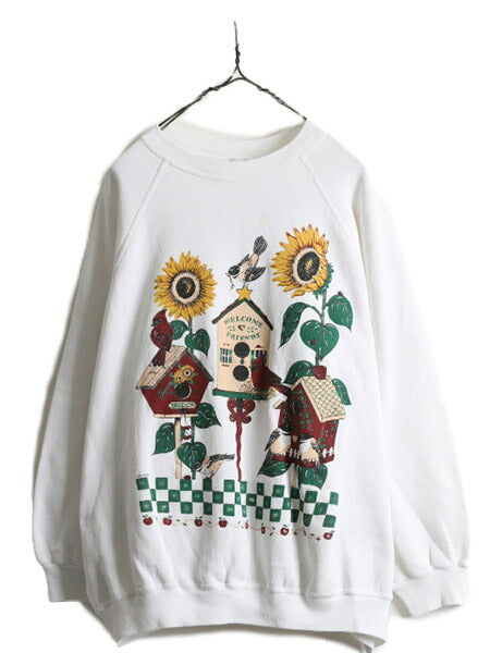 90s 大きいサイズ 4X ■ ヒマワリ アート プリント スウェット トレーナー メンズ レディース XL 程/ 90年代 裏起毛 アニマル フラワー 白
