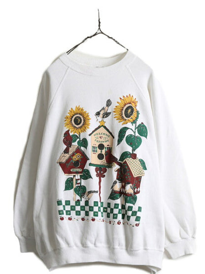 90s 大きいサイズ 4X ■ ヒマワリ アート プリント スウェット トレーナー メンズ レディース XL 程/ 90年代 裏起毛 アニマル フラワー 白