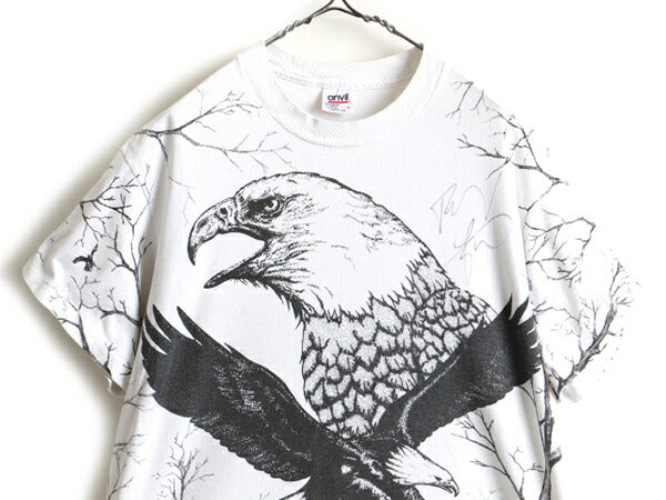 90s USA製 ■ イーグル オールオーバー プリント 半袖 Tシャツ ( メンズ L ) 古着 90年代 プリントTシャツ シングルステッチ 大判 アニマル