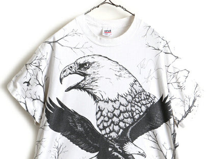 90s USA製 ■ イーグル オールオーバー プリント 半袖 Tシャツ ( メンズ L ) 古着 90年代 プリントTシャツ シングルステッチ 大判 アニマル