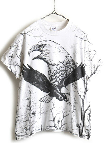 90s USA製 ■ イーグル オールオーバー プリント 半袖 Tシャツ ( メンズ L ) 古着 90年代 プリントTシャツ シングルステッチ 大判 アニマル