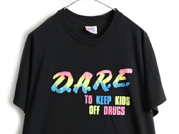 90s USA製 人気 黒 ■ D.A.R.E メッセージ プリント 半袖 Tシャツ ( メンズ L ) 古着 90年代 プリントTシャツ HANES 蛍光 シングルステッチ