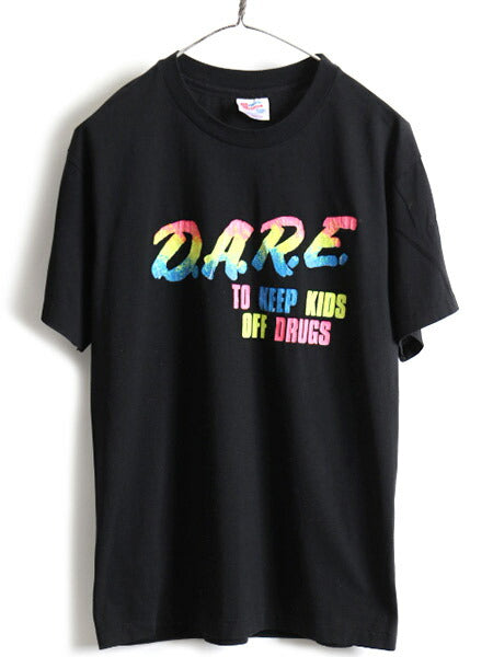 90s USA製 人気 黒 ■ D.A.R.E メッセージ プリント 半袖 Tシャツ ( メンズ L ) 古着 90年代 プリントTシャツ HANES 蛍光 シングルステッチ