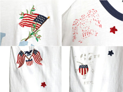 90s ポロ ラルフローレン 染込み プリント 半袖 リンガー Tシャツ メンズ L / 星条旗 ミリタリー ハンドステッチ ステンシル イーグル 白