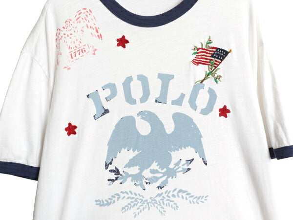 90s ポロ ラルフローレン 染込み プリント 半袖 リンガー Tシャツ メンズ L / 星条旗 ミリタリー ハンドステッチ ステンシル イーグル 白