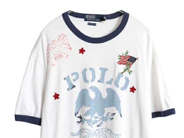 90s ポロ ラルフローレン 染込み プリント 半袖 リンガー Tシャツ メンズ L / 星条旗 ミリタリー ハンドステッチ ステンシル イーグル 白