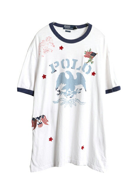 90s ポロ ラルフローレン 染込み プリント 半袖 リンガー Tシャツ メンズ L / 星条旗 ミリタリー ハンドステッチ ステンシル イーグル 白