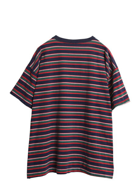 90s ボーダー 半袖 Tシャツ メンズ XL 程/ オールド ワンポイント プリント マルチカラー シングルステッチ ヘビーウェイト 大きいサイズ