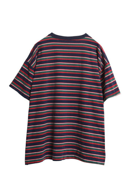 90s ボーダー 半袖 Tシャツ メンズ XL 程/ オールド ワンポイント プリント マルチカラー シングルステッチ ヘビーウェイト 大きいサイズ