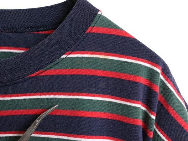 90s ボーダー 半袖 Tシャツ メンズ XL 程/ オールド ワンポイント プリント マルチカラー シングルステッチ ヘビーウェイト 大きいサイズ