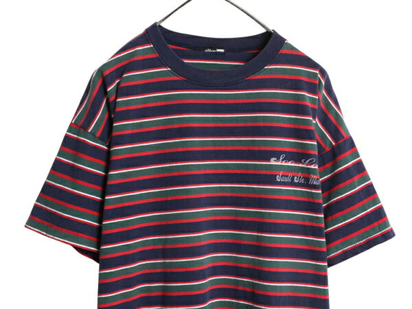 90s ボーダー 半袖 Tシャツ メンズ XL 程/ オールド ワンポイント プリント マルチカラー シングルステッチ ヘビーウェイト 大きいサイズ