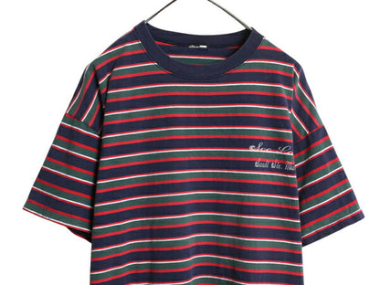90s ボーダー 半袖 Tシャツ メンズ XL 程/ オールド ワンポイント プリント マルチカラー シングルステッチ ヘビーウェイト 大きいサイズ
