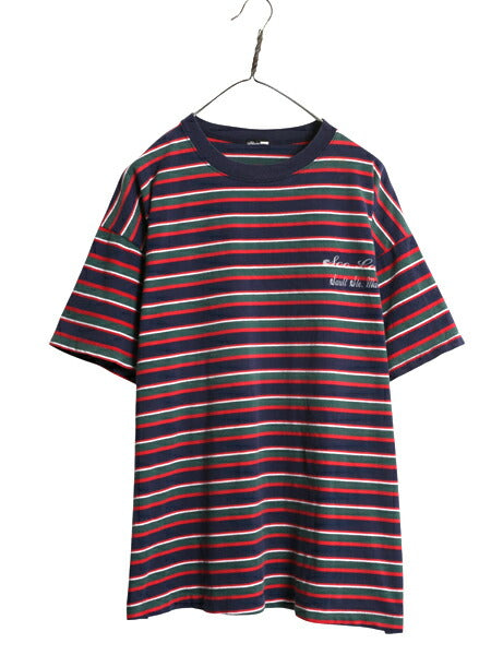 90s ボーダー 半袖 Tシャツ メンズ XL 程/ オールド ワンポイント プリント マルチカラー シングルステッチ ヘビーウェイト 大きいサイズ