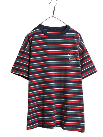90s ボーダー 半袖 Tシャツ メンズ XL 程/ オールド ワンポイント プリント マルチカラー シングルステッチ ヘビーウェイト 大きいサイズ