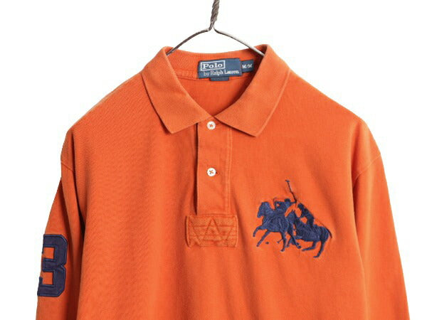 ダブルポニー ポロ ラルフローレン 鹿の子 長袖 ポロシャツ メンズ M / ラガーシャツ タイプ ラグビー 長袖シャツ ナンバリング オレンジ